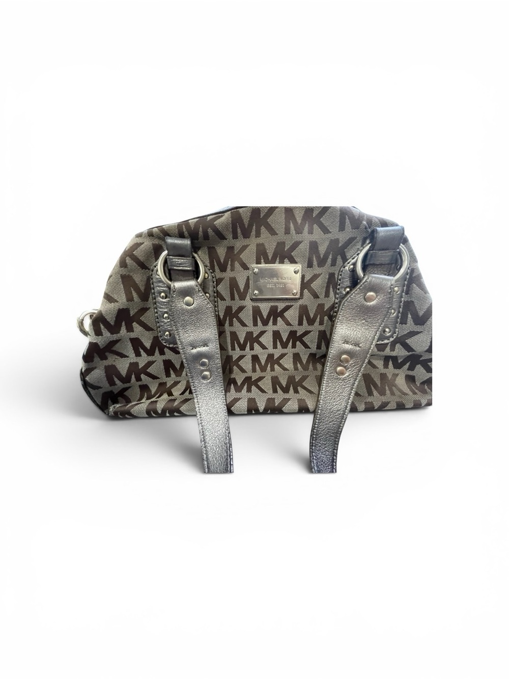 Michael Kors Y2K Logo Satchel Bag Brown MK Monogram Metallic Leather Trim - Picture 6 of 6